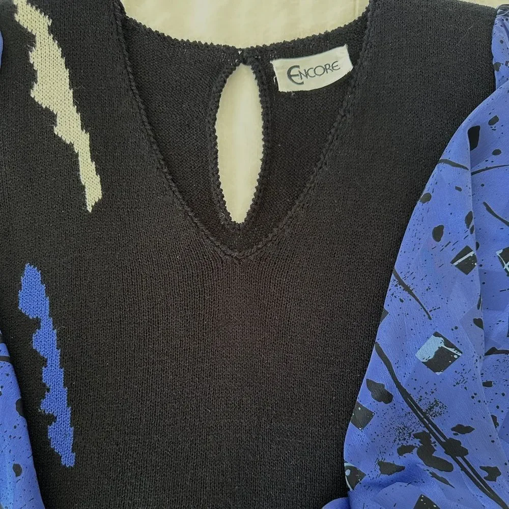 80s Sweater Vintage Geometric Print Fine Knit Sweater Shoulder Pads Size L